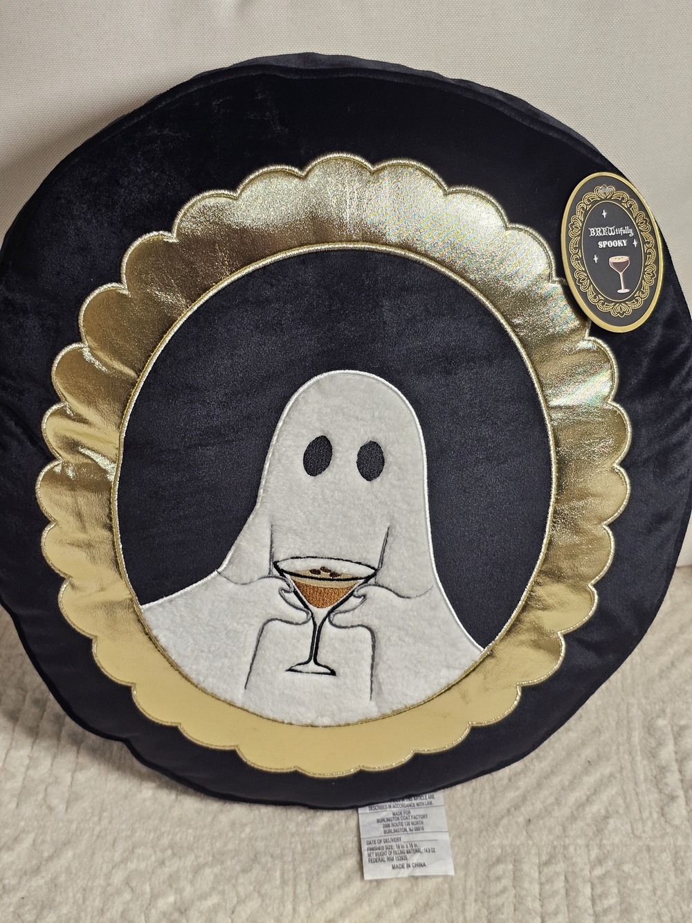 Spooky Ghost Cocktail Round Holiday Pillow - Black and Gold